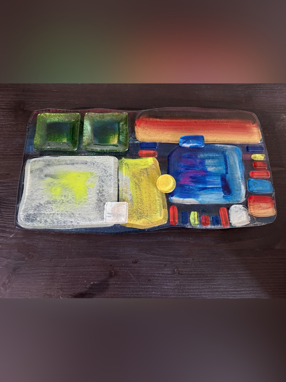 Mid Century Modern Fused Art Glass Tray Abstract Dichroic Divided Dish 🎨